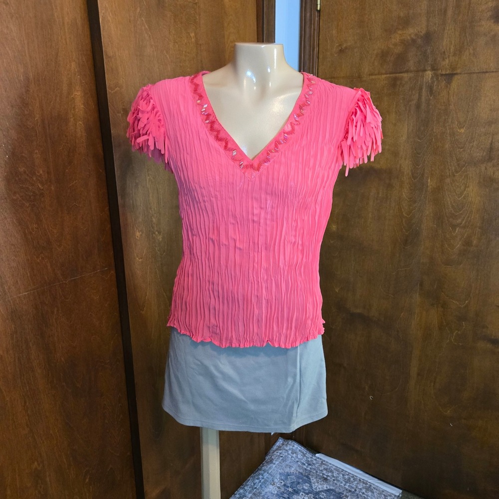 Vintage B.G. Collection Womens Blouse Large Coral Pink Beaded Fringe V-Neck Top